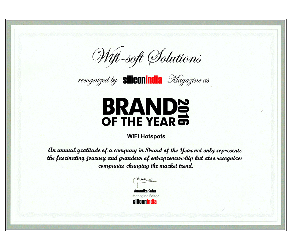 Silicon India award Wifisoft Brand of the year, 2016.